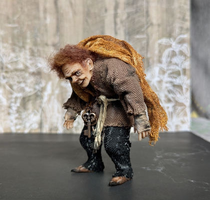 Full-scale view of a handmade gothic miniature — Small art doll Quazimodo (2/11), one-of-a-kind sculpture by Ritunia