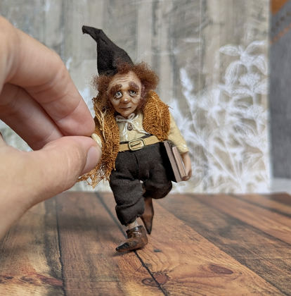 Full-scale view of a handmade gothic miniature — Small art doll Gnome with books (11/12), one-of-a-kind sculpture by Ritunia