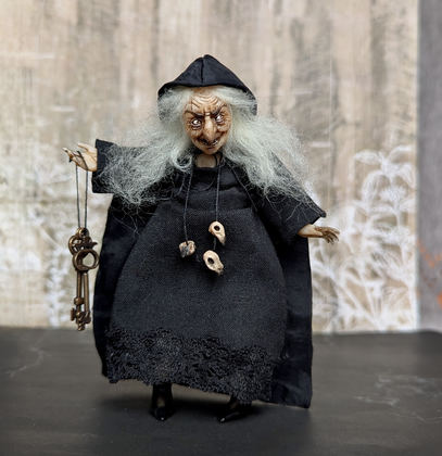 Full-scale view of a handmade gothic miniature — Small doll Witch (4/16), Acrylic paint, polymer clay, fabric