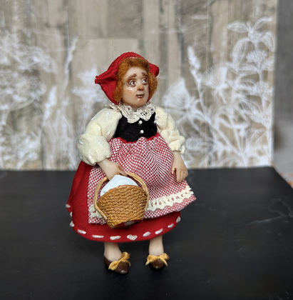 Full-scale view of a handmade gothic miniature — Small art doll Red riding hood (9/9), one-of-a-kind sculpture by Ritunia