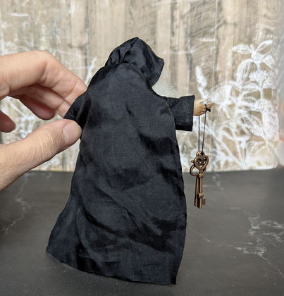 Full-scale view of a handmade gothic miniature — Small doll Witch (13/16), Acrylic paint, polymer clay, fabric