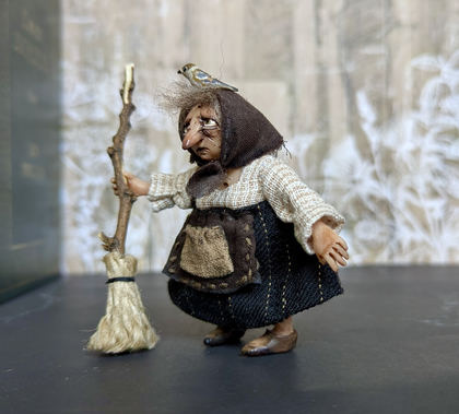 Full-scale view of a handmade gothic miniature — Small Baba Yaga with bird (7/7)