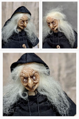 Full-scale view of a handmade gothic miniature — Small doll Witch (7/16), Acrylic paint, polymer clay, fabric