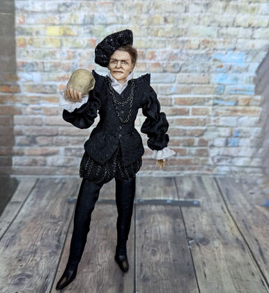 Full-scale view of a handmade gothic miniature — Small art doll Hamlet (5/8), Acrylic paint, polymer clay, fabric, wool