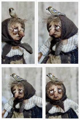 Full-scale view of a handmade gothic miniature — Small Baba Yaga with bird (4/7)