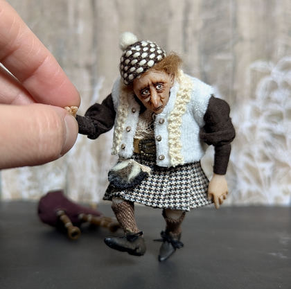 Full-scale view of a handmade gothic miniature — Small art doll Piper (14/15), Acrylic paint, polymer clay, fabric, wool