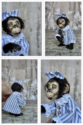 Full-scale view of a handmade gothic miniature — Small art doll Monkey (7/9), one-of-a-kind sculpture by Ritunia