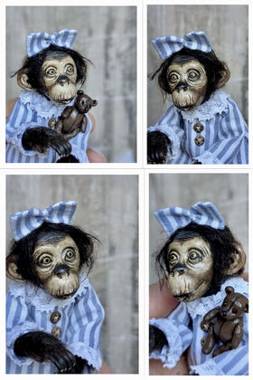 Full-scale view of a handmade gothic miniature — Small art doll Monkey (4/9), one-of-a-kind sculpture by Ritunia