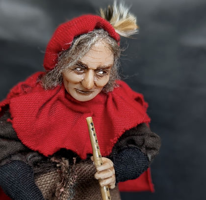Full-scale view of a handmade gothic miniature — Small art doll Pied Piper (10/12), one-of-a-kind sculpture by Ritunia