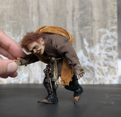 Full-scale view of a handmade gothic miniature — Small art doll Quazimodo (3/11), one-of-a-kind sculpture by Ritunia