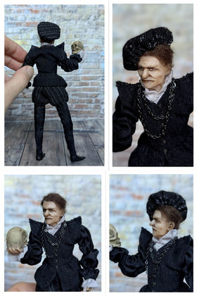 Full-scale view of a handmade gothic miniature — Small art doll Hamlet (7/8), Acrylic paint, polymer clay, fabric, wool