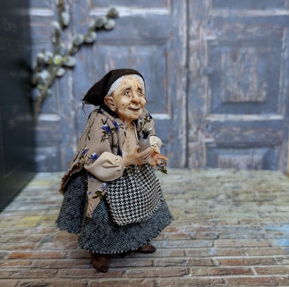 Full-scale view of a handmade gothic miniature — Granny with the bird (2/8), polymer clay, fabric, acrylics, varnish, wool