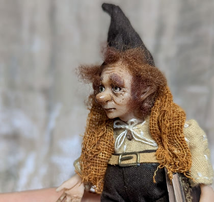 Full-scale view of a handmade gothic miniature — Small art doll Gnome with books (7/12), one-of-a-kind sculpture by Ritunia