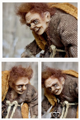 Full-scale view of a handmade gothic miniature — Small art doll Quazimodo (9/11), one-of-a-kind sculpture by Ritunia