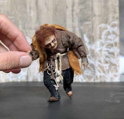Full-scale view of a handmade gothic miniature — Small art doll Quazimodo (8/11), one-of-a-kind sculpture by Ritunia