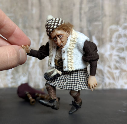 Full-scale view of a handmade gothic miniature — Small art doll Piper (6/15), Acrylic paint, polymer clay, fabric, wool