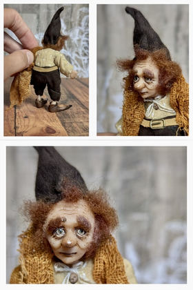 Full-scale view of a handmade gothic miniature — Small art doll Gnome with books (5/12), one-of-a-kind sculpture by Ritunia