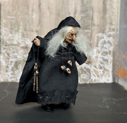 Full-scale view of a handmade gothic miniature — Small doll Witch (2/16), Acrylic paint, polymer clay, fabric