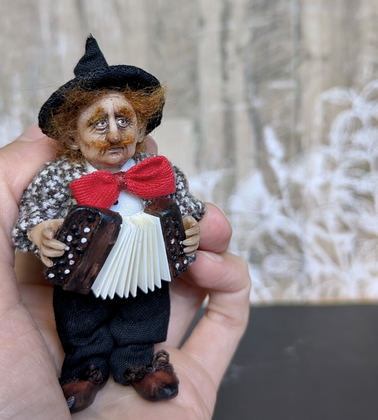 Full-scale view of a handmade gothic miniature — Small art doll Street Musician (6/15), one-of-a-kind sculpture by Ritunia