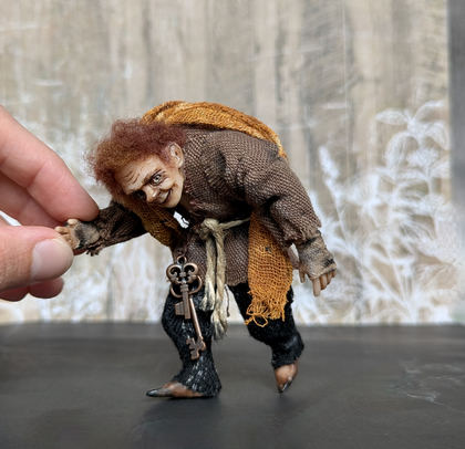 Full-scale view of a handmade gothic miniature — Small art doll Quazimodo (7/11), one-of-a-kind sculpture by Ritunia
