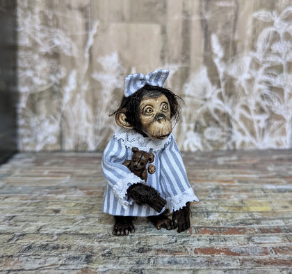 Full-scale view of a handmade gothic miniature — Small art doll Monkey (9/9), one-of-a-kind sculpture by Ritunia