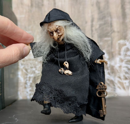 Full-scale view of a handmade gothic miniature — Small doll Witch (1/16), Acrylic paint, polymer clay, fabric