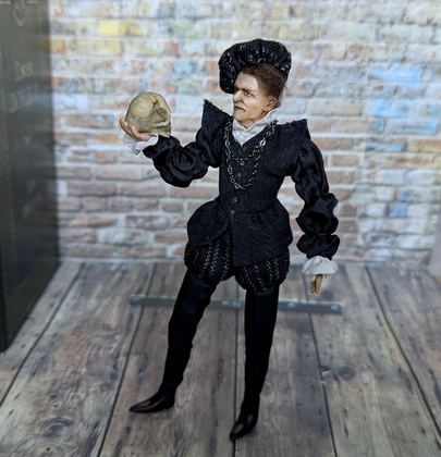 Full-scale view of a handmade gothic miniature — Small art doll Hamlet (1/8), Acrylic paint, polymer clay, fabric, wool