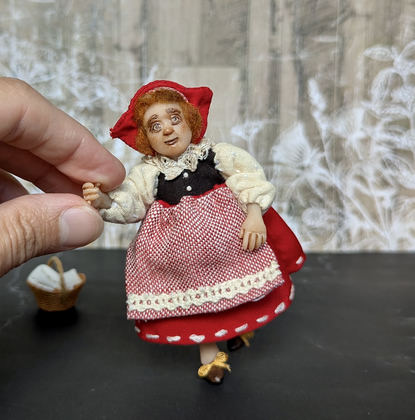 Full-scale view of a handmade gothic miniature — Small art doll Red riding hood (8/9), one-of-a-kind sculpture by Ritunia