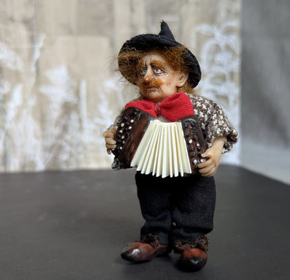 Full-scale view of a handmade gothic miniature — Small art doll Street Musician (10/15), one-of-a-kind sculpture by Ritunia