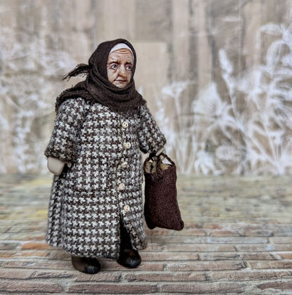 Full-scale view of a handmade gothic miniature — Small doll Granny (7/8), Acrylic paint, polymer clay, fabric