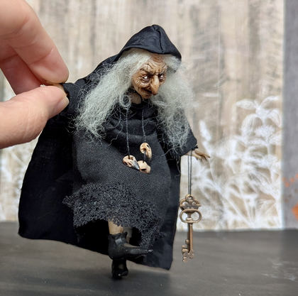 Full-scale view of a handmade gothic miniature — Small doll Witch (5/16), Acrylic paint, polymer clay, fabric