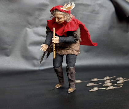 Full-scale view of a handmade gothic miniature — Small art doll Pied Piper (8/12), one-of-a-kind sculpture by Ritunia