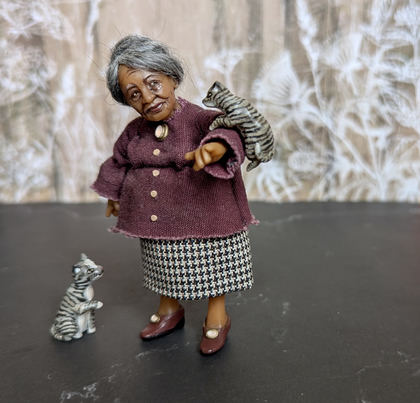Full-scale view of a handmade gothic miniature — Granny with cats (8/8), polymer clay, acryilcs, varnish, wire, wool, fabric