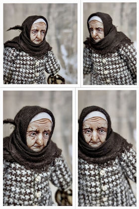 Full-scale view of a handmade gothic miniature — Small doll Granny (5/8), Acrylic paint, polymer clay, fabric