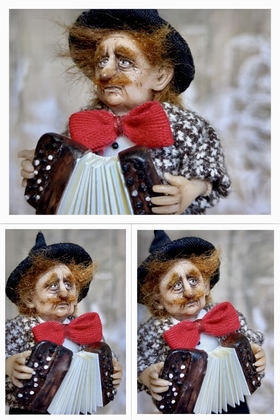 Full-scale view of a handmade gothic miniature — Small art doll Street Musician (2/15), one-of-a-kind sculpture by Ritunia
