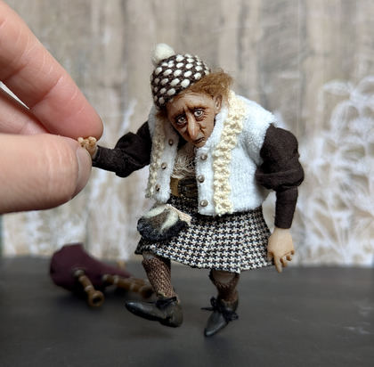 Full-scale view of a handmade gothic miniature — Small art doll Piper (5/15), Acrylic paint, polymer clay, fabric, wool