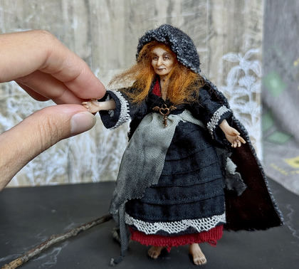 Full-scale view of a handmade gothic miniature — Small art doll Witch (4/9), one-of-a-kind sculpture by Ritunia