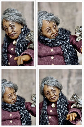Full-scale view of a handmade gothic miniature — Granny with cats (2/8), polymer clay, acryilcs, varnish, wire, wool, fabric