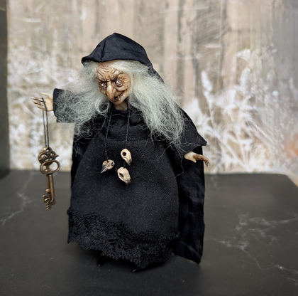 Full-scale view of a handmade gothic miniature — Small doll Witch (8/16), Acrylic paint, polymer clay, fabric
