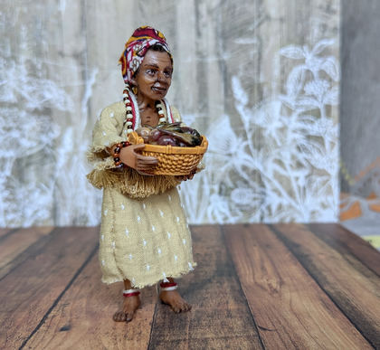 Full-scale view of a handmade gothic miniature — Small art doll Black Woman with basket (10/12)