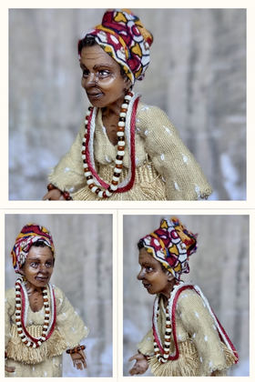 Full-scale view of a handmade gothic miniature — Small art doll Black Woman with basket (6/12)