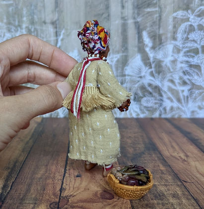 Full-scale view of a handmade gothic miniature — Small art doll Black Woman with basket (5/12)