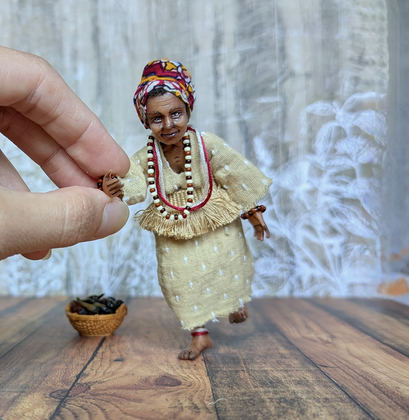 Full-scale view of a handmade gothic miniature — Small art doll Black Woman with basket (9/12)
