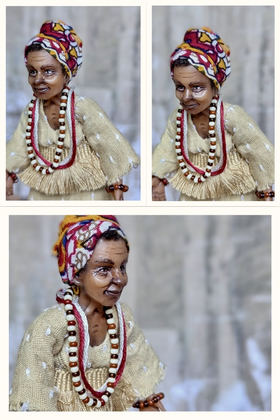 Full-scale view of a handmade gothic miniature — Small art doll Black Woman with basket (1/12)