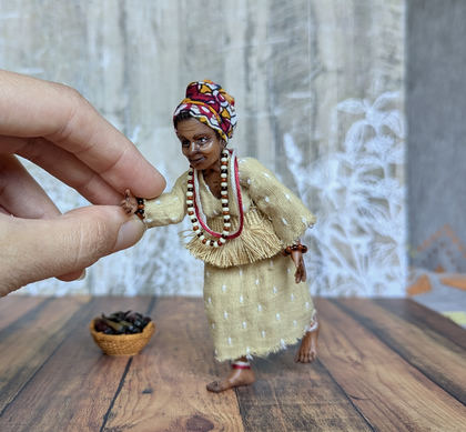 Full-scale view of a handmade gothic miniature — Small art doll Black Woman with basket (4/12)