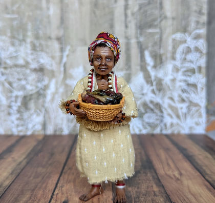 Full-scale view of a handmade gothic miniature — Small art doll Black Woman with basket (2/12)