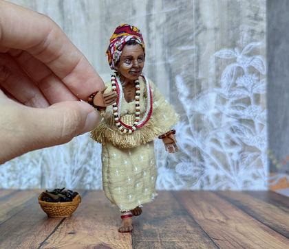 Full-scale view of a handmade gothic miniature — Small art doll Black Woman with basket (3/12)