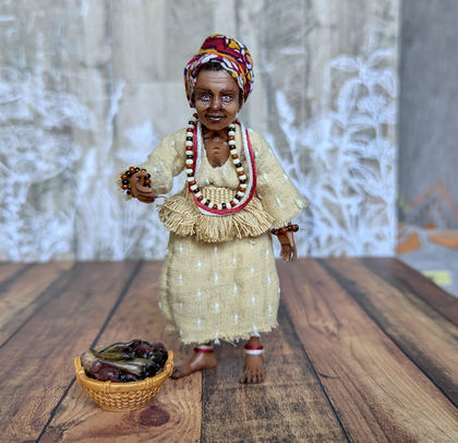 Full-scale view of a handmade gothic miniature — Small art doll Black Woman with basket (12/12)
