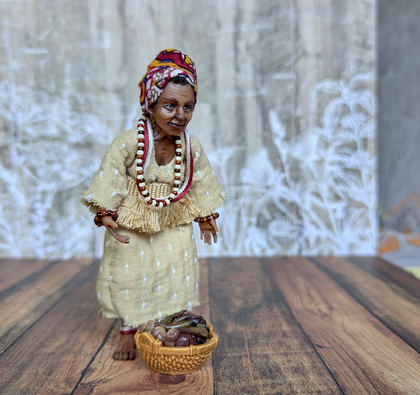 Full-scale view of a handmade gothic miniature — Small art doll Black Woman with basket (7/12)