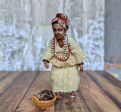 Full-scale view of a handmade gothic miniature — Small art doll Black Woman with basket (11/12)
